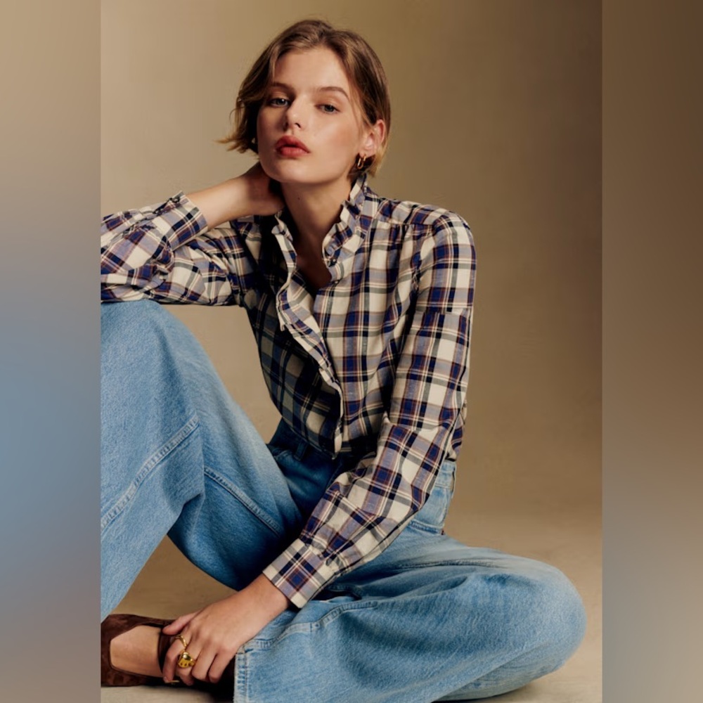 Sézane Chlo Marine and Ecru Checks Size UK36/ US 4 NWT